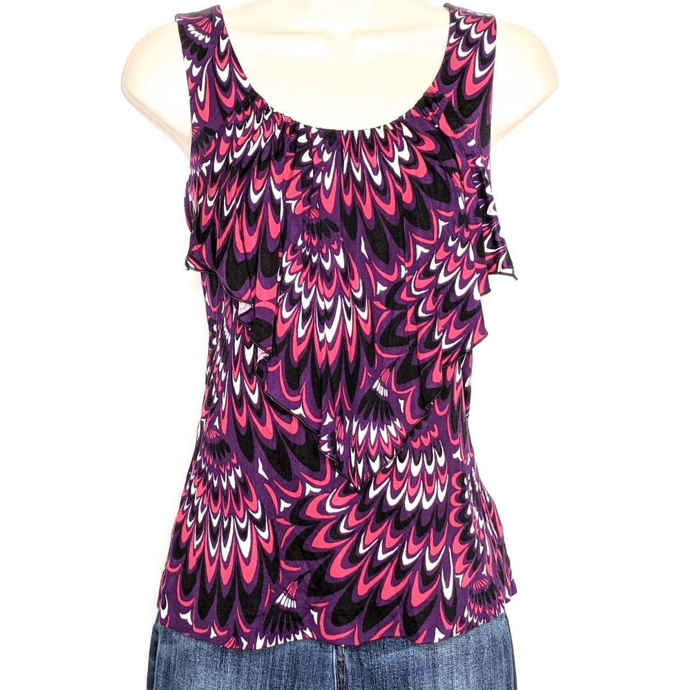Trina Turk Silk Sleeveless Ruffle Blouse Purple Pink Psychedelic Print Small